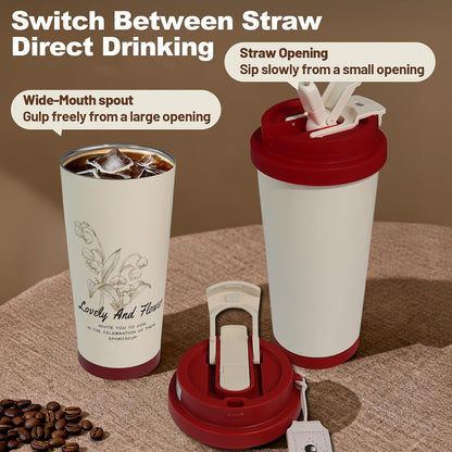 Insulated Coffee Tumbler 17.9oz 530ml Travel Coffee Mug 316 Stainless Steel Dual Drink Openings Leakproof Lid Reusable Insulated Coffee Mug Hot and Cold Ideal Travel Mug for Coffee Lover Daily