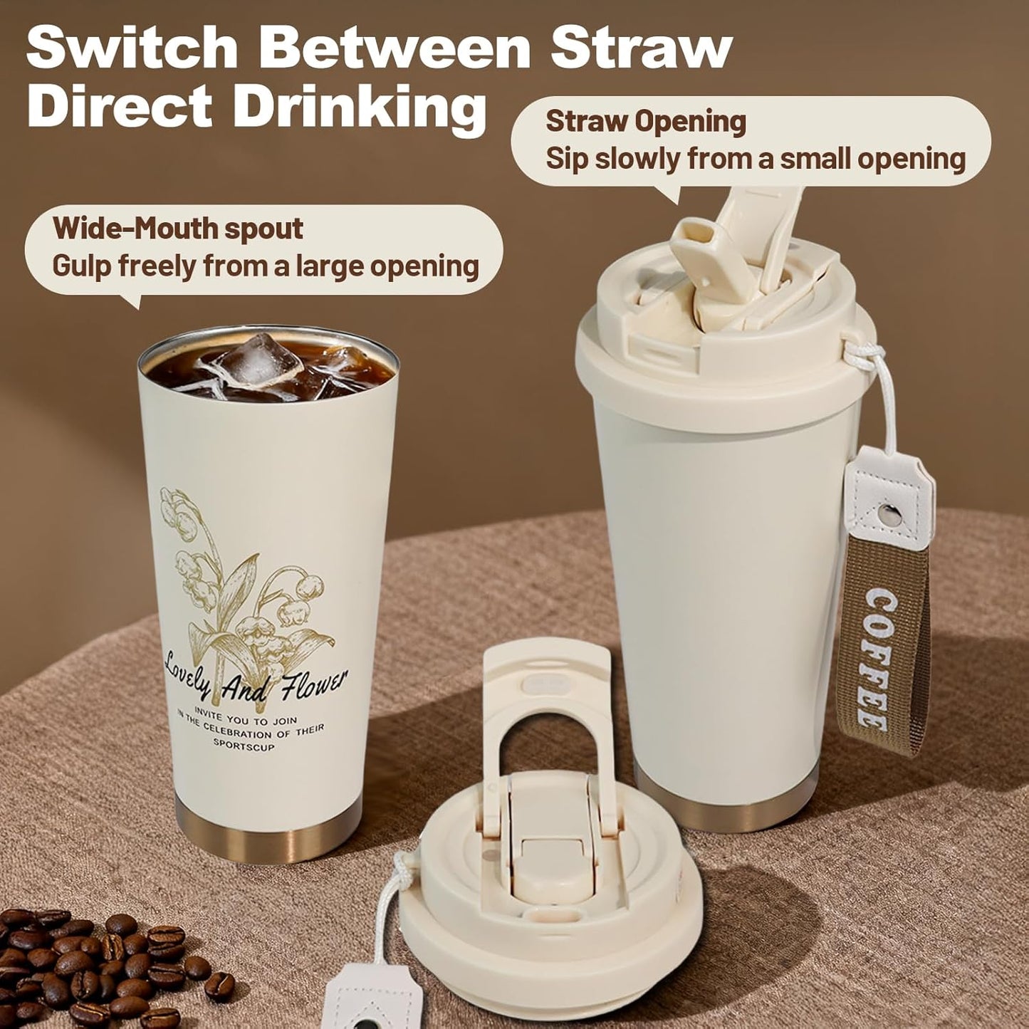 Insulated Coffee Tumbler 17.9oz 530ml Travel Coffee Mug 316 Stainless Steel Dual Drink Openings Leakproof Lid Reusable Insulated Coffee Mug Hot and Cold Ideal Travel Mug for Coffee Lover Daily