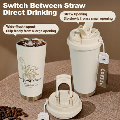 Insulated Coffee Tumbler 17.9oz 530ml Travel Coffee Mug 316 Stainless Steel Dual Drink Openings Leakproof Lid Reusable Insulated Coffee Mug Hot and Cold Ideal Travel Mug for Coffee Lover Daily