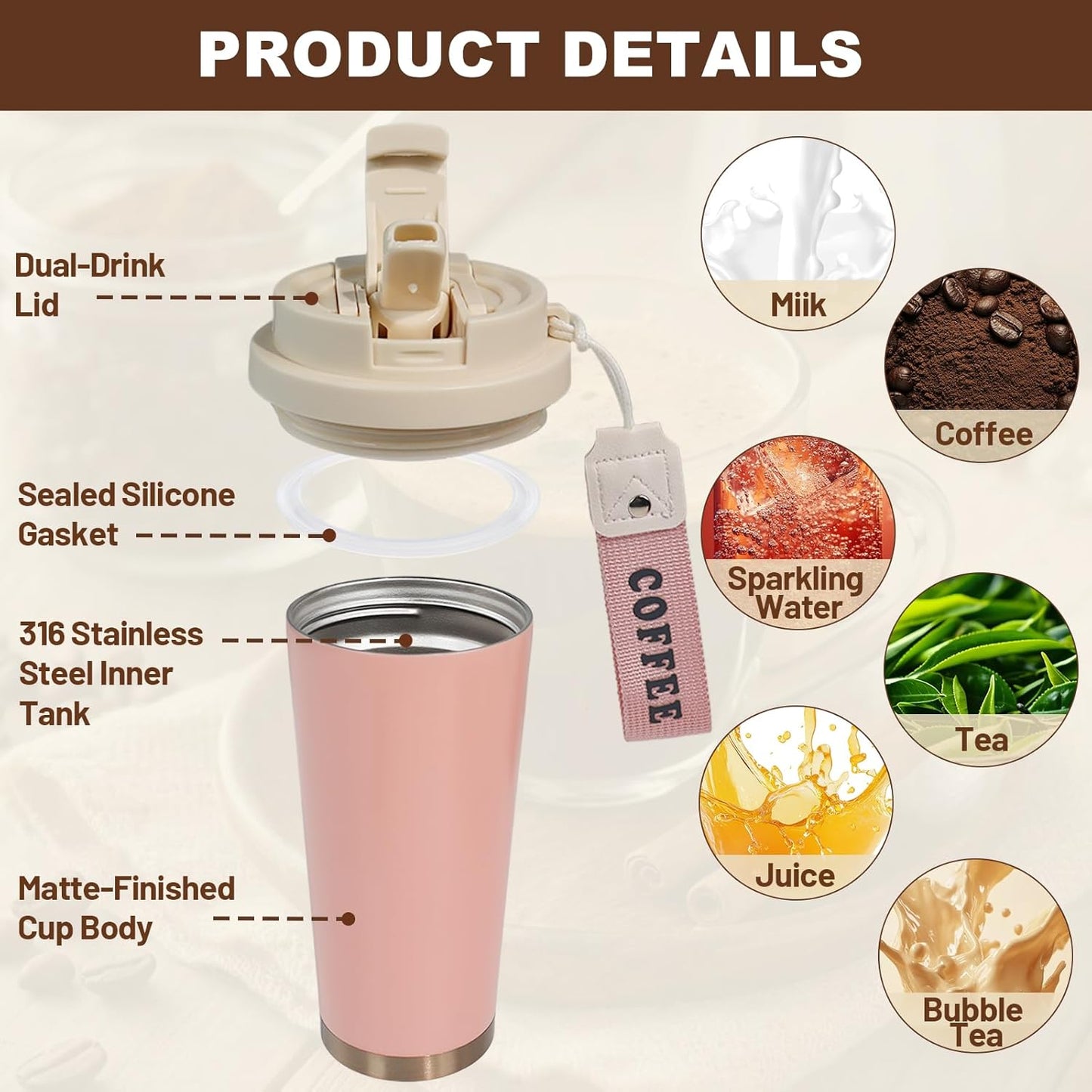 Insulated Coffee Tumbler 17.9oz 530ml Travel Coffee Mug 316 Stainless Steel Dual Drink Openings Leakproof Lid Reusable Insulated Coffee Mug Hot and Cold Ideal Travel Mug for Coffee Lover Daily