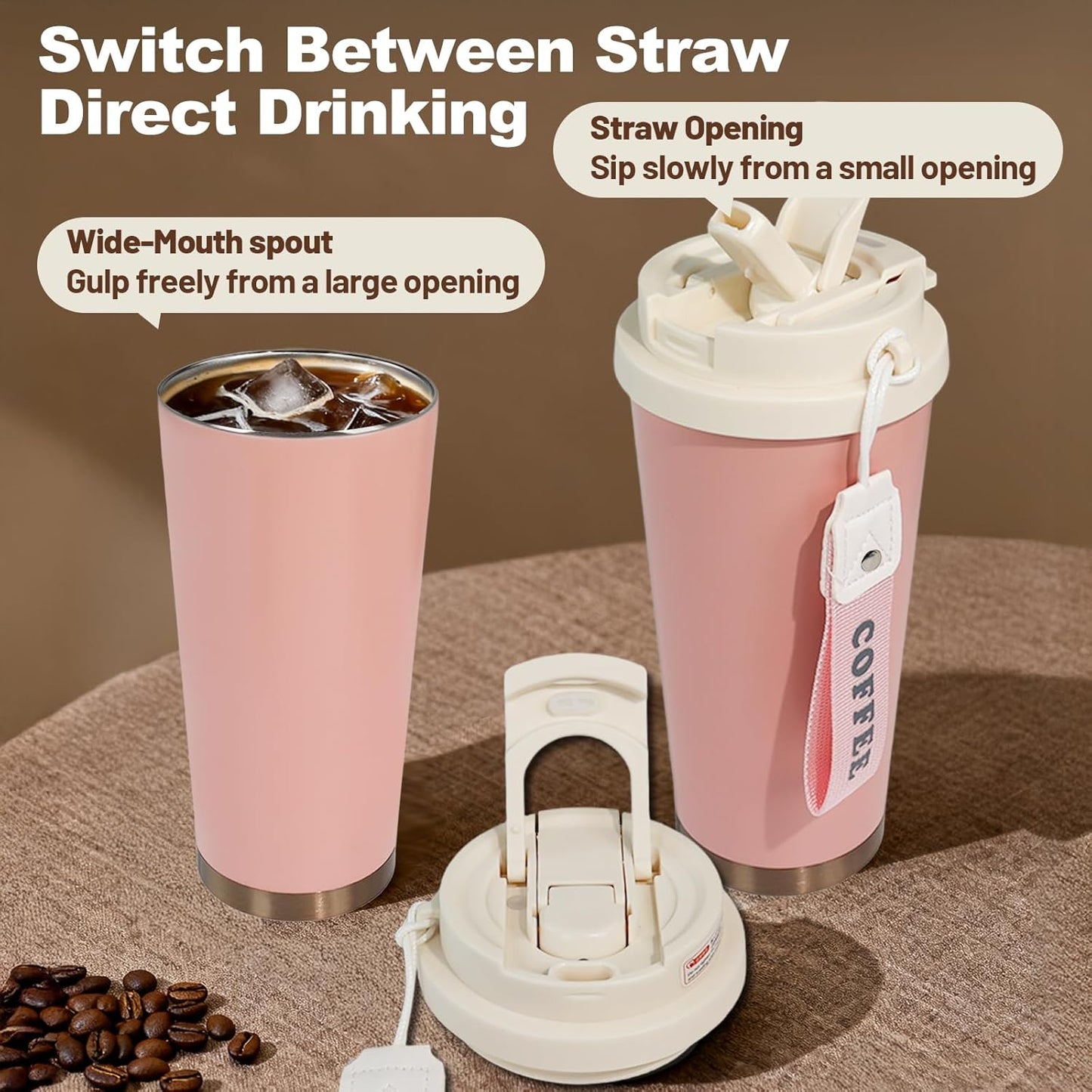 Insulated Coffee Tumbler 17.9oz 530ml Travel Coffee Mug 316 Stainless Steel Dual Drink Openings Leakproof Lid Reusable Insulated Coffee Mug Hot and Cold Ideal Travel Mug for Coffee Lover Daily