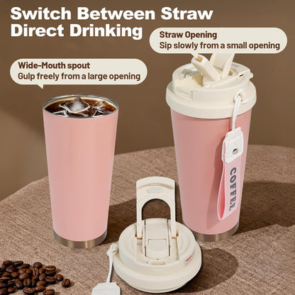 Insulated Coffee Tumbler 17.9oz 530ml Travel Coffee Mug 316 Stainless Steel Dual Drink Openings Leakproof Lid Reusable Insulated Coffee Mug Hot and Cold Ideal Travel Mug for Coffee Lover Daily