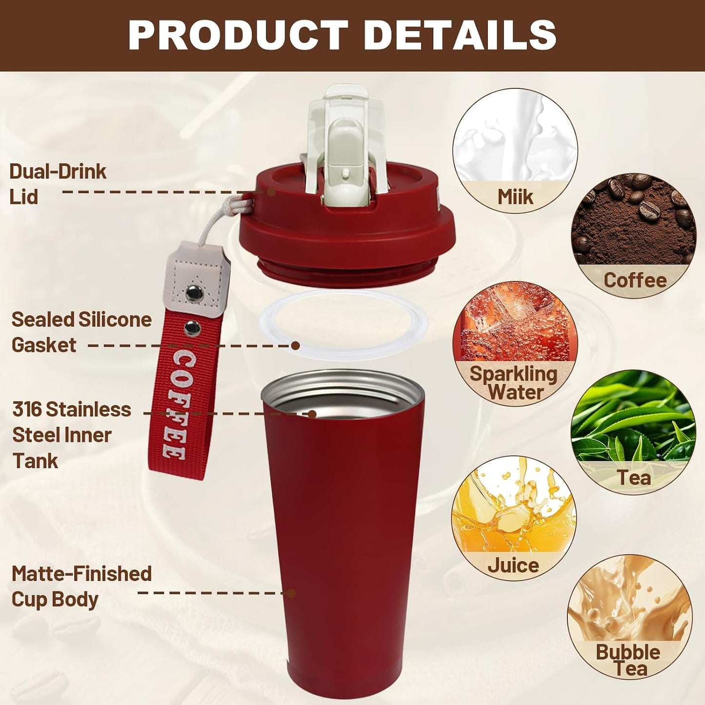 Insulated Coffee Tumbler 17.9oz 530ml Travel Coffee Mug 316 Stainless Steel Dual Drink Openings Leakproof Lid Reusable Insulated Coffee Mug Hot and Cold Ideal Travel Mug for Coffee Lover Daily