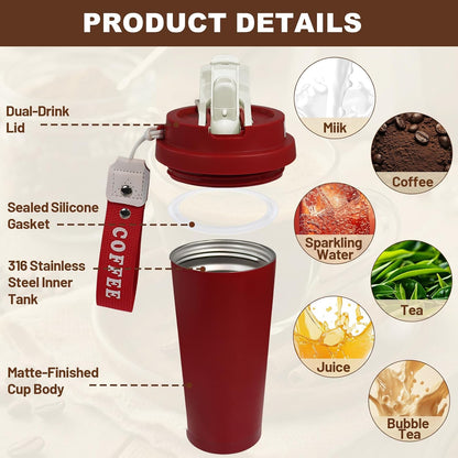 Insulated Coffee Tumbler 17.9oz 530ml Travel Coffee Mug 316 Stainless Steel Dual Drink Openings Leakproof Lid Reusable Insulated Coffee Mug Hot and Cold Ideal Travel Mug for Coffee Lover Daily