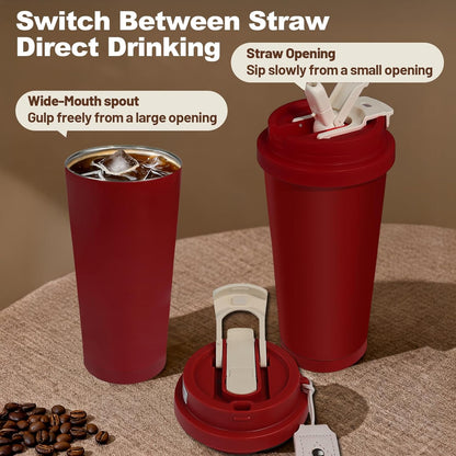Insulated Coffee Tumbler 17.9oz 530ml Travel Coffee Mug 316 Stainless Steel Dual Drink Openings Leakproof Lid Reusable Insulated Coffee Mug Hot and Cold Ideal Travel Mug for Coffee Lover Daily