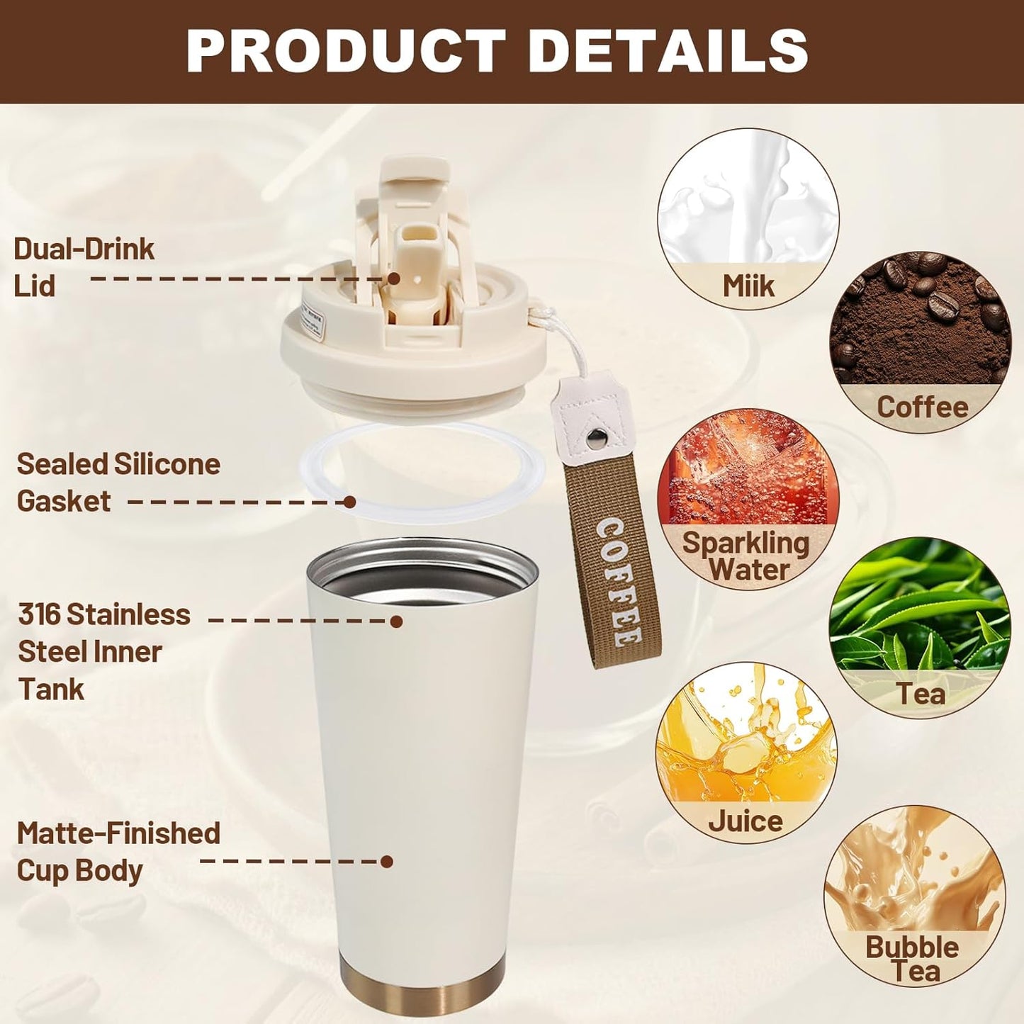 Insulated Coffee Tumbler 17.9oz 530ml Travel Coffee Mug 316 Stainless Steel Dual Drink Openings Leakproof Lid Reusable Insulated Coffee Mug Hot and Cold Ideal Travel Mug for Coffee Lover Daily