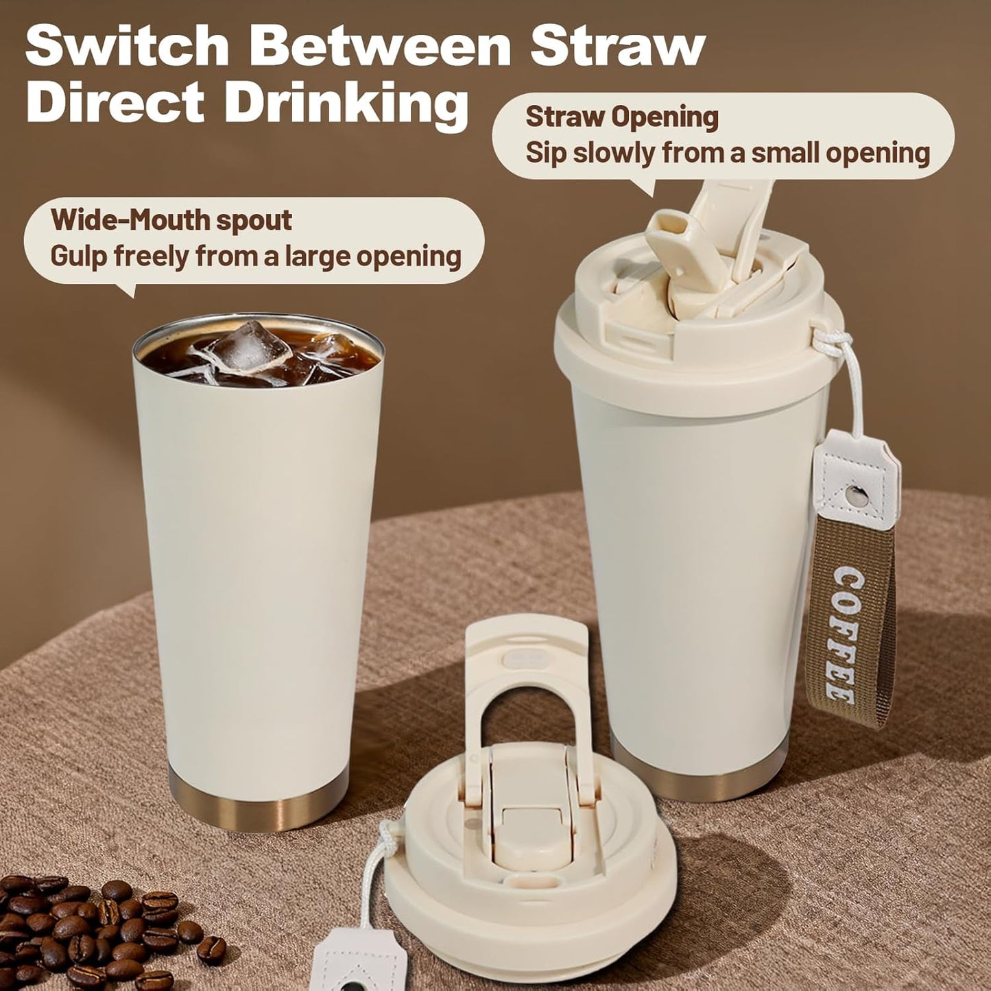 Insulated Coffee Tumbler 17.9oz 530ml Travel Coffee Mug 316 Stainless Steel Dual Drink Openings Leakproof Lid Reusable Insulated Coffee Mug Hot and Cold Ideal Travel Mug for Coffee Lover Daily