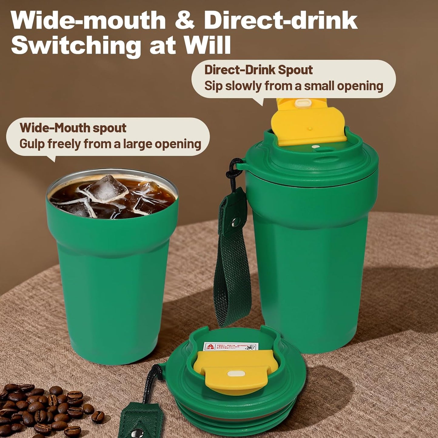 Insulated Coffee Tumbler 17.9oz 530ml Travel Coffee Mug 316 Stainless Steel Dual Drink Openings Leakproof Lid Reusable Insulated Coffee Mug Hot and Cold Ideal Travel Mug for Coffee Lover Daily
