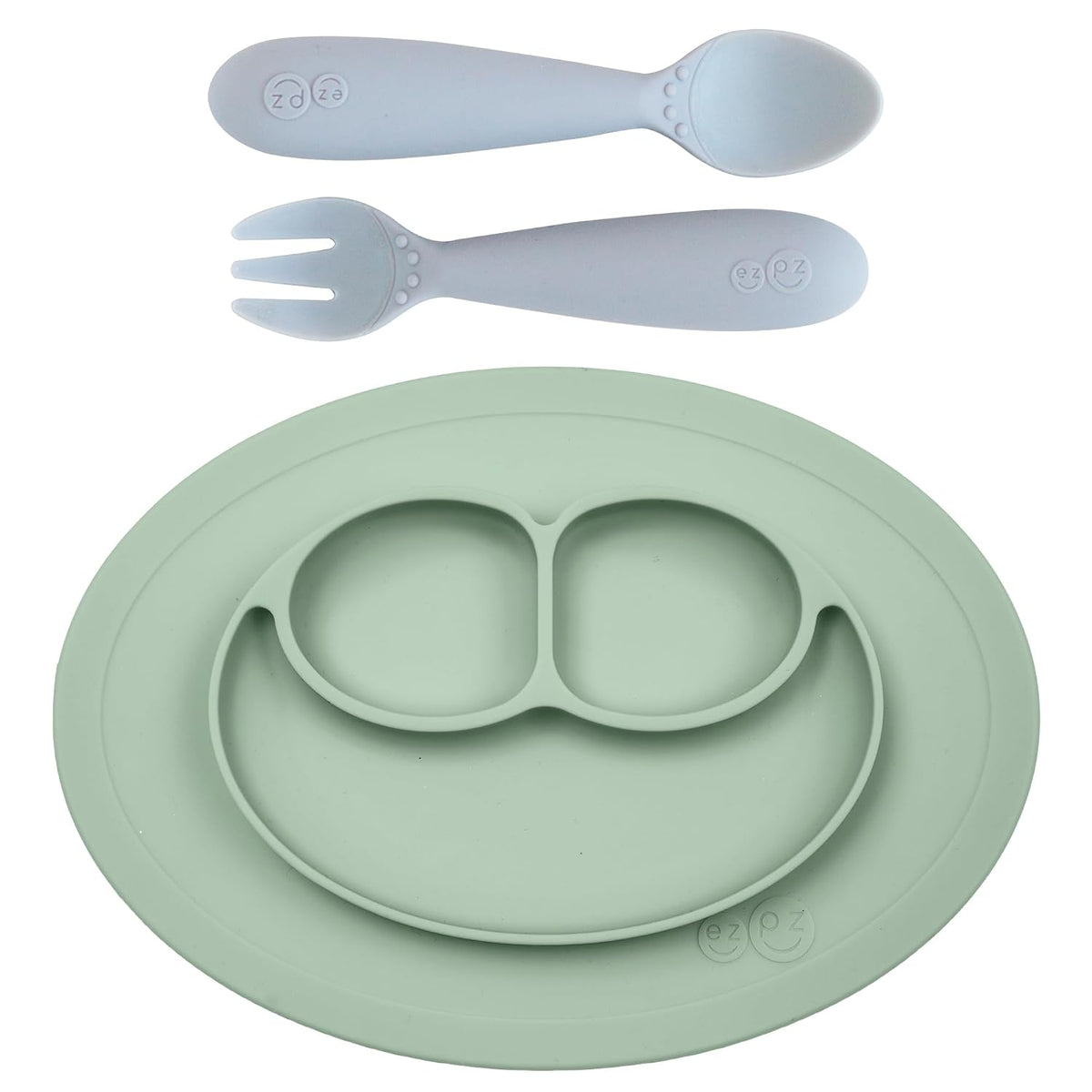 Mini Mat (Sage) + Mini Utensils (Fork & Spoon in Pewter) - Toddler essentials mat and spoon