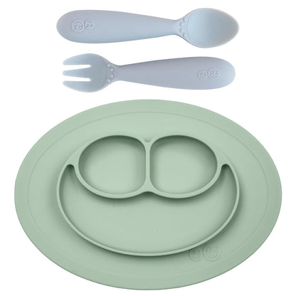 Mini Mat (Sage) + Mini Utensils (Fork & Spoon in Pewter) - Toddler essentials mat and spoon