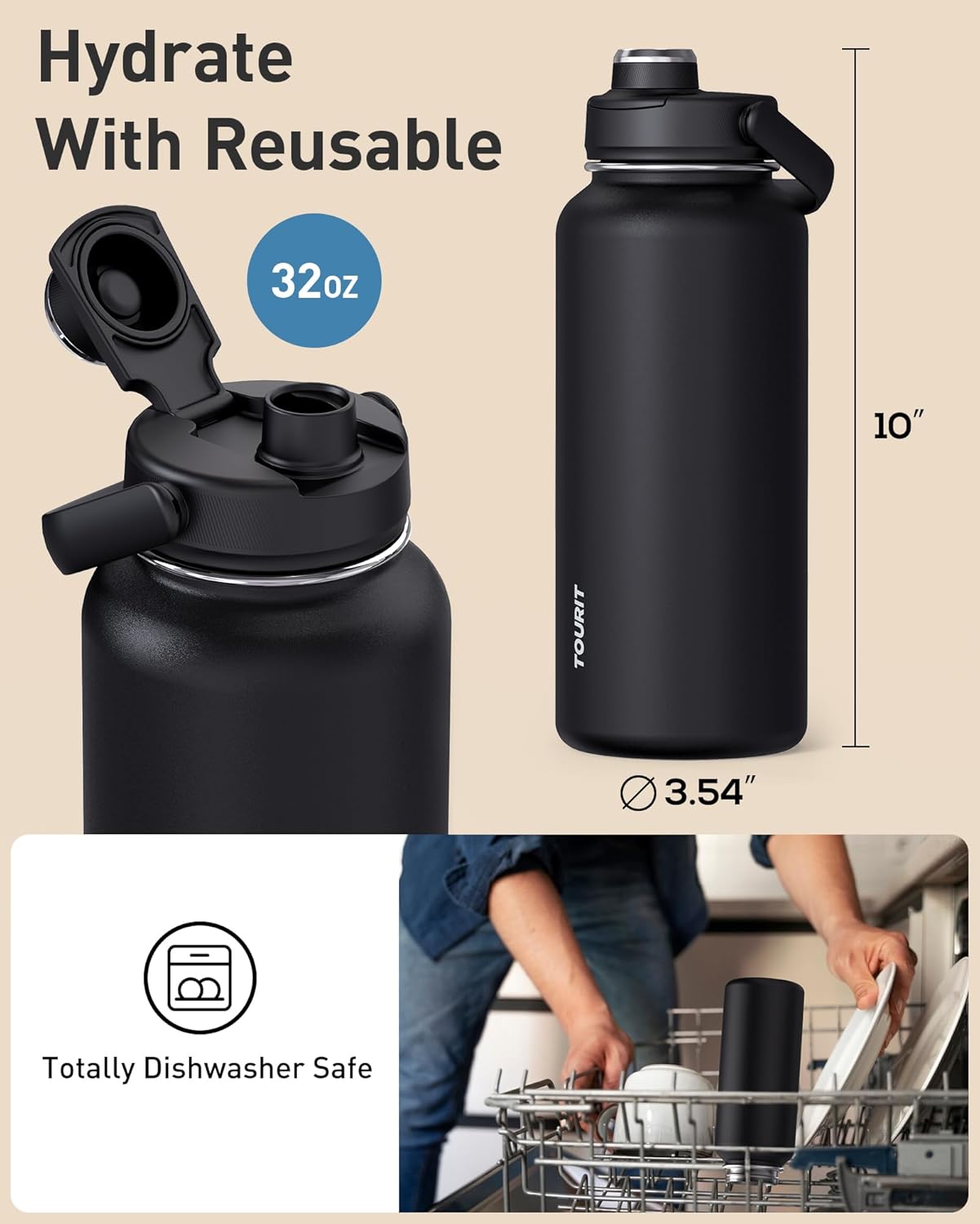 24 oz Insulated Stainless Steel Water Bottle, Khaki | Double-wall vacuum thermal flask with top handle, leakproof & BPA-free design for sports, gym, hiking & travel use
