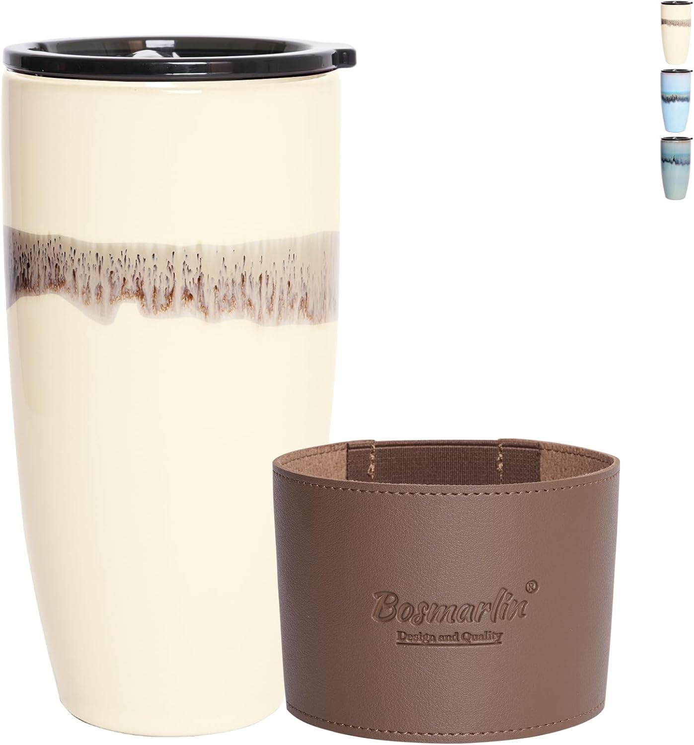 Ceramic Trave Coffeel Mug with Lid, 21 oz, Portable Coffee Cup for Car Cup Holder, Microwave and Dishwasher Safe, Reactive Glaze