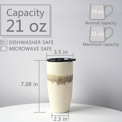 Ceramic Trave Coffeel Mug with Lid, 21 oz, Portable Coffee Cup for Car Cup Holder, Microwave and Dishwasher Safe, Reactive Glaze