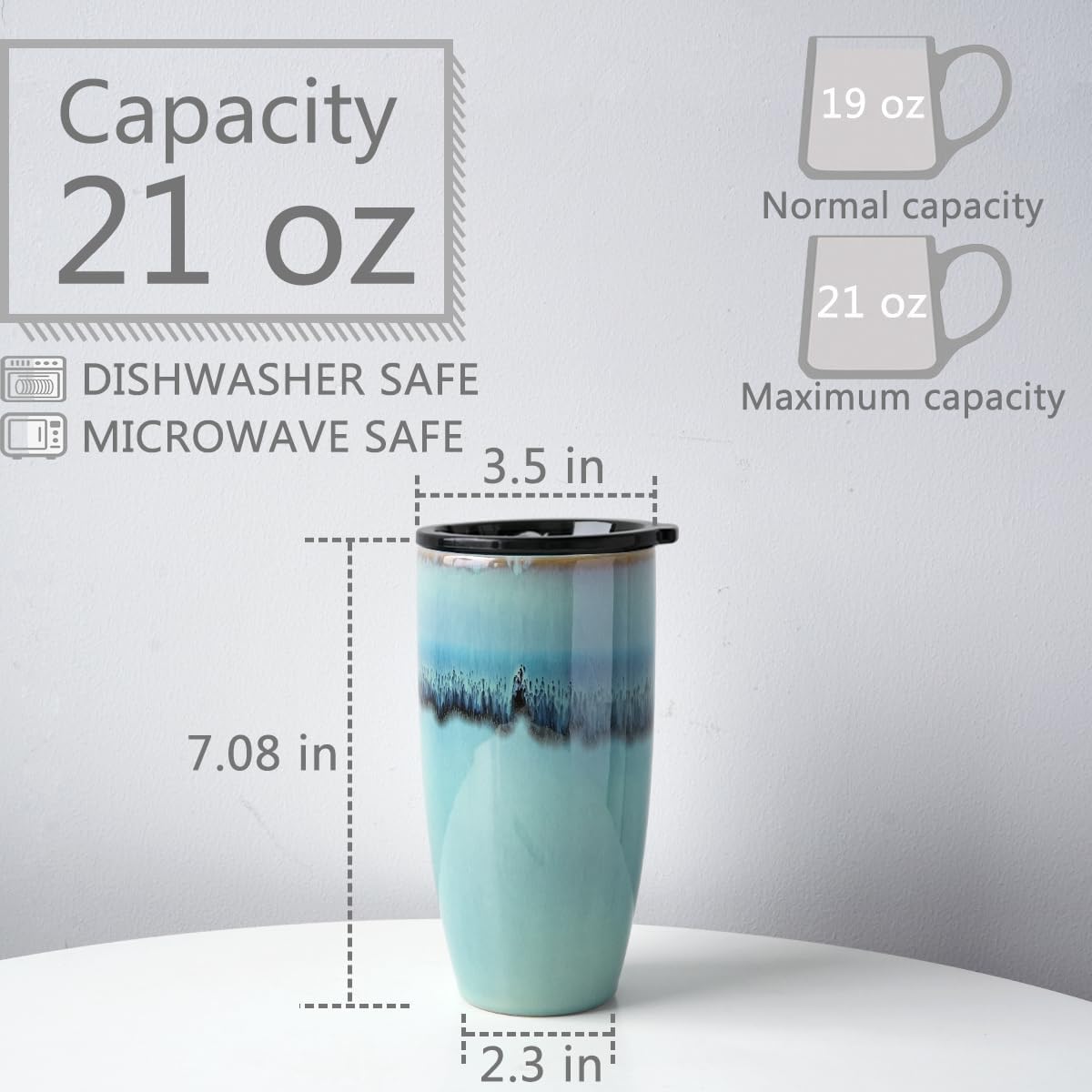 Ceramic Trave Coffeel Mug with Lid, 21 oz, Portable Coffee Cup for Car Cup Holder, Microwave and Dishwasher Safe, Reactive Glaze