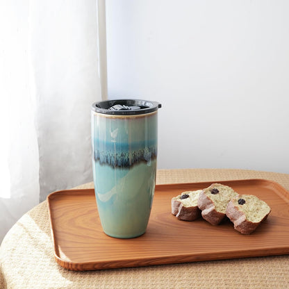 Ceramic Trave Coffeel Mug with Lid, 21 oz, Portable Coffee Cup for Car Cup Holder, Microwave and Dishwasher Safe, Reactive Glaze