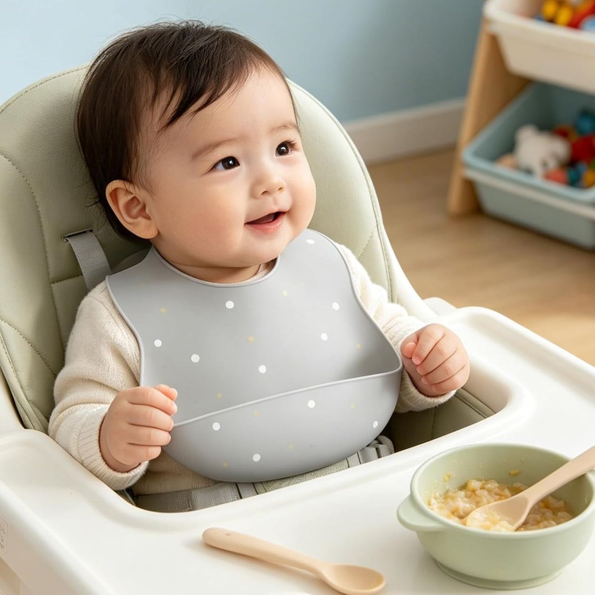 Silicone Baby Bibs 2 Sets, Adjustable Waterproof Baby Bibs(Green+Cyan)