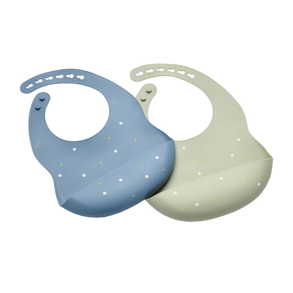 Silicone Baby Bibs 2 Sets, Adjustable Waterproof Baby Bibs(Green+Cyan)