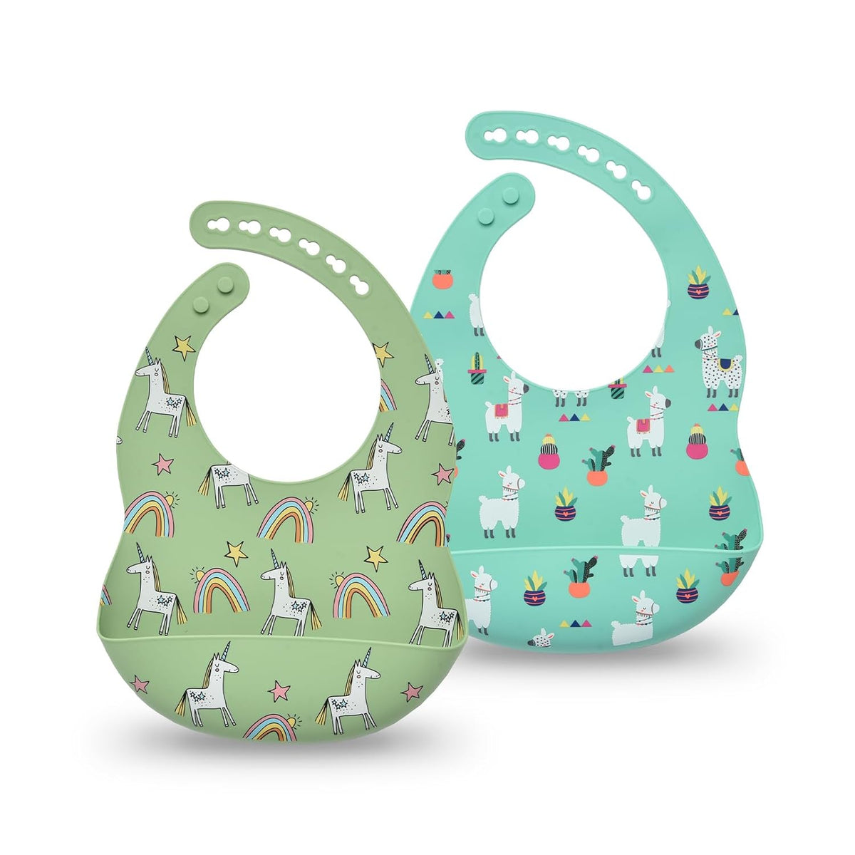 Silicone Baby Bibs 2 Sets, Adjustable Waterproof Baby Bibs(Green+Cyan)