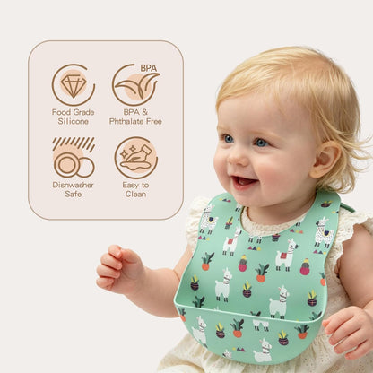 Silicone Baby Bibs 2 Sets, Adjustable Waterproof Baby Bibs(Green+Cyan)