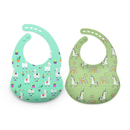 Silicone Baby Bibs 2 Sets, Adjustable Waterproof Baby Bibs(Green+Cyan)