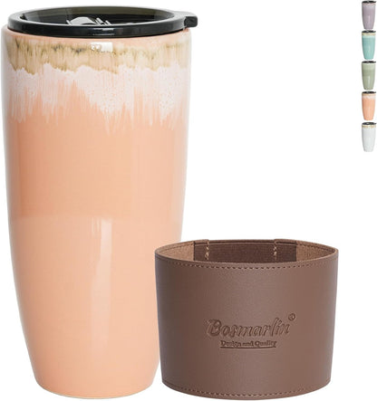 Ceramic Travel Coffee Cup with Lid, 21 oz, Portable Coffee Mug for Car Cup Holder, Microwave Safe, Reactive Glaze (Peacock Blue)