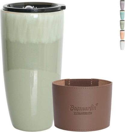 Ceramic Travel Coffee Cup with Lid, 21 oz, Portable Coffee Mug for Car Cup Holder, Microwave Safe, Reactive Glaze (Peacock Blue)
