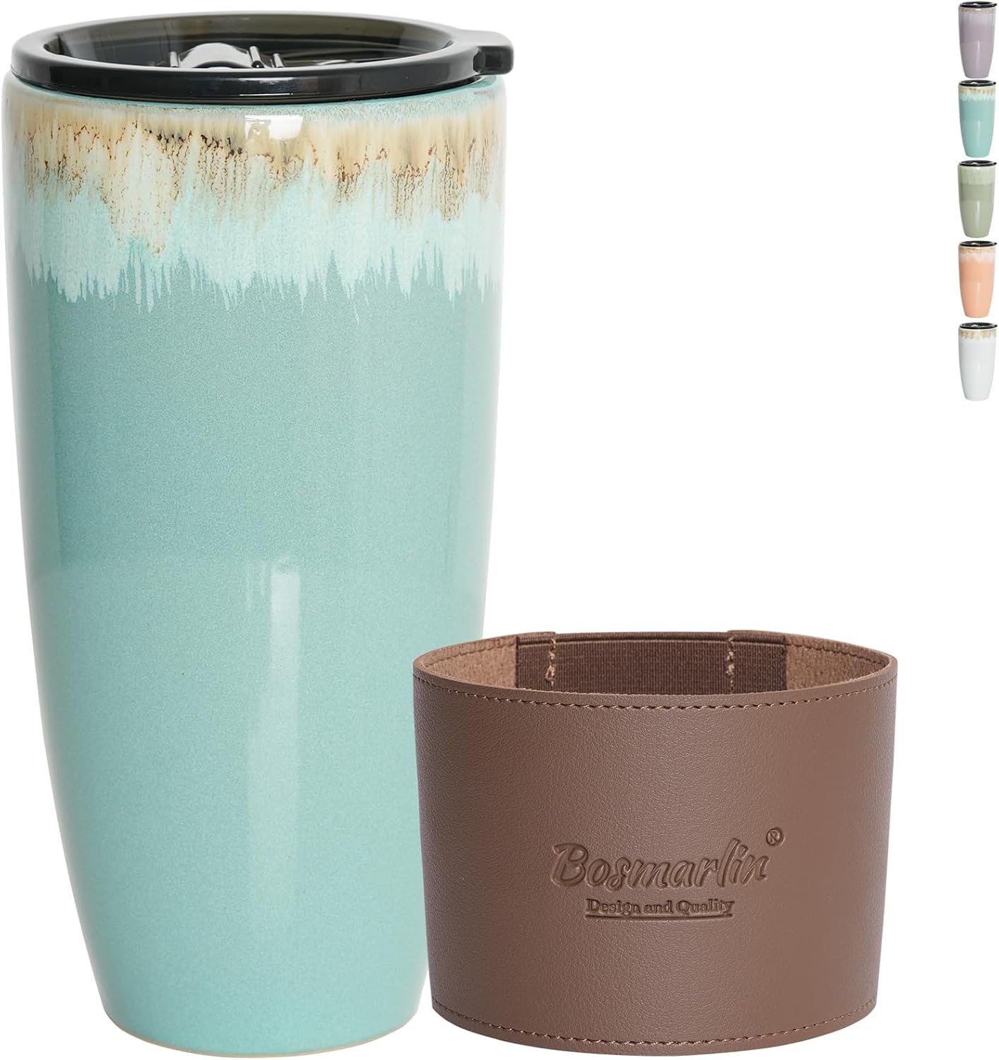Ceramic Travel Coffee Cup with Lid, 21 oz, Portable Coffee Mug for Car Cup Holder, Microwave Safe, Reactive Glaze (Peacock Blue)