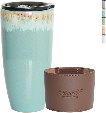 Ceramic Travel Coffee Cup with Lid, 21 oz, Portable Coffee Mug for Car Cup Holder, Microwave Safe, Reactive Glaze (Peacock Blue)