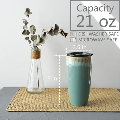 Ceramic Travel Coffee Cup with Lid, 21 oz, Portable Coffee Mug for Car Cup Holder, Microwave Safe, Reactive Glaze (Peacock Blue)
