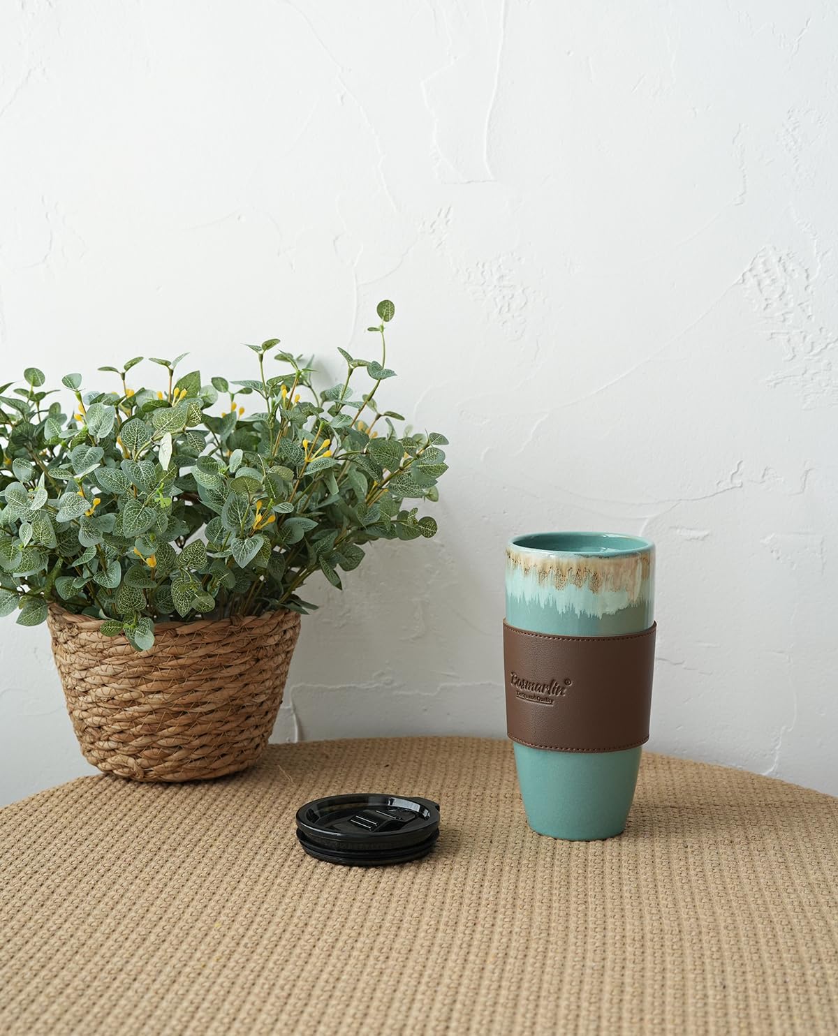 Ceramic Travel Coffee Cup with Lid, 21 oz, Portable Coffee Mug for Car Cup Holder, Microwave Safe, Reactive Glaze (Peacock Blue)