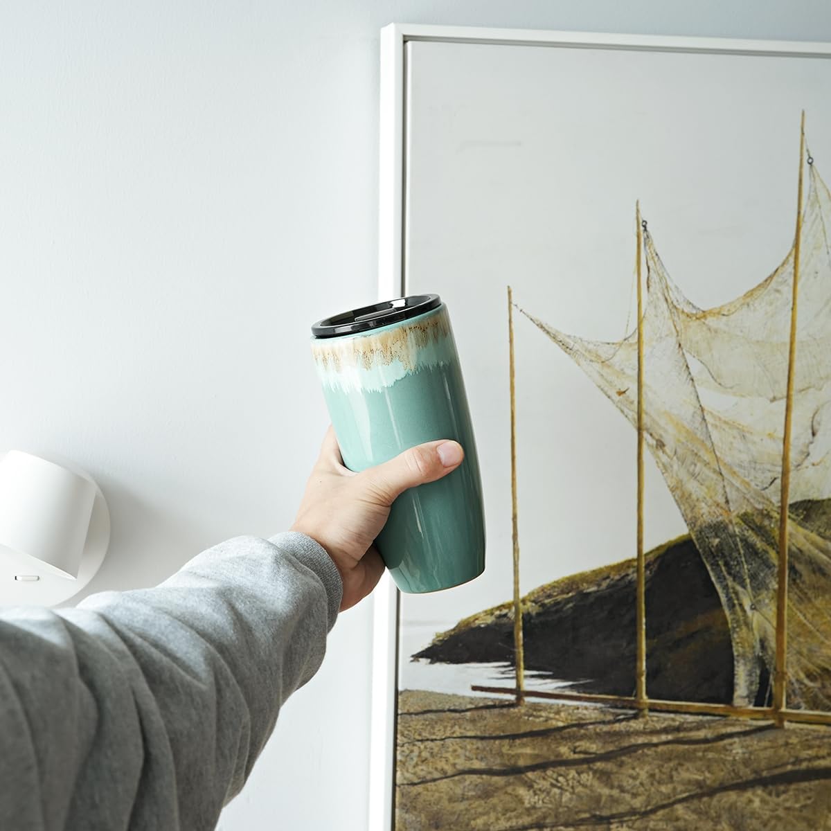 Ceramic Travel Coffee Cup with Lid, 21 oz, Portable Coffee Mug for Car Cup Holder, Microwave Safe, Reactive Glaze (Peacock Blue)