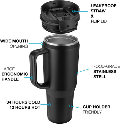 40 oz Tumbler with Handle, Insulated Tumblers with Lid and Straw | Leakproof Large Metal Sports Water Bottle Jug, Stainless Steel Travel Coffee Mug, Double Wall Vacuum Thermal Cup, Black