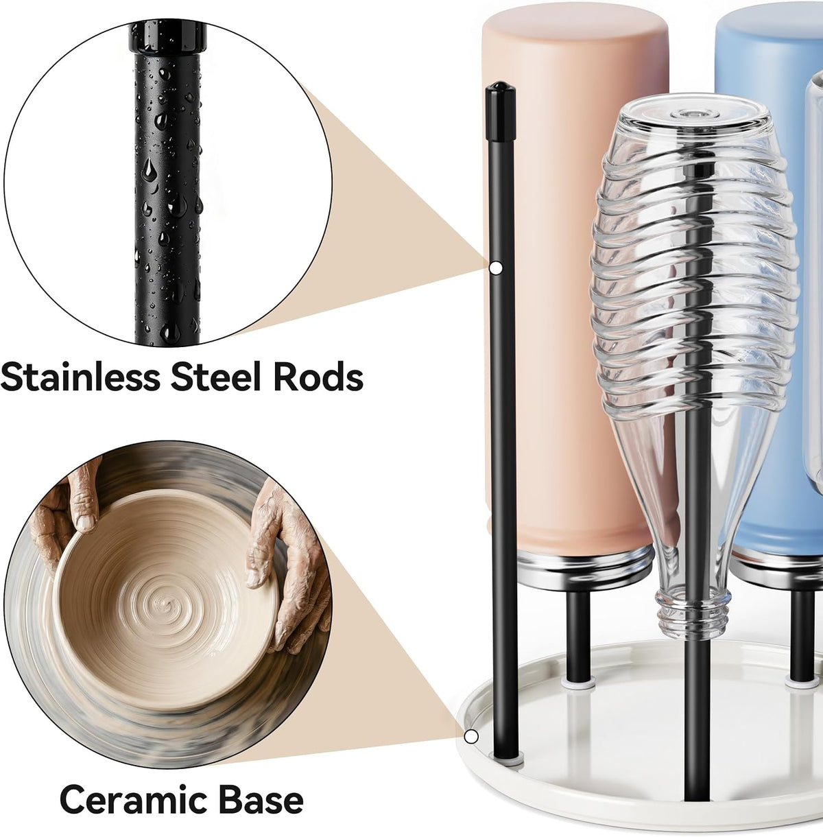 Bottle Drying Rack – Ceramic Base Bottle Organizer for Countertop, Baby Bottle Rack, Water Bottle Storage Rack, Black