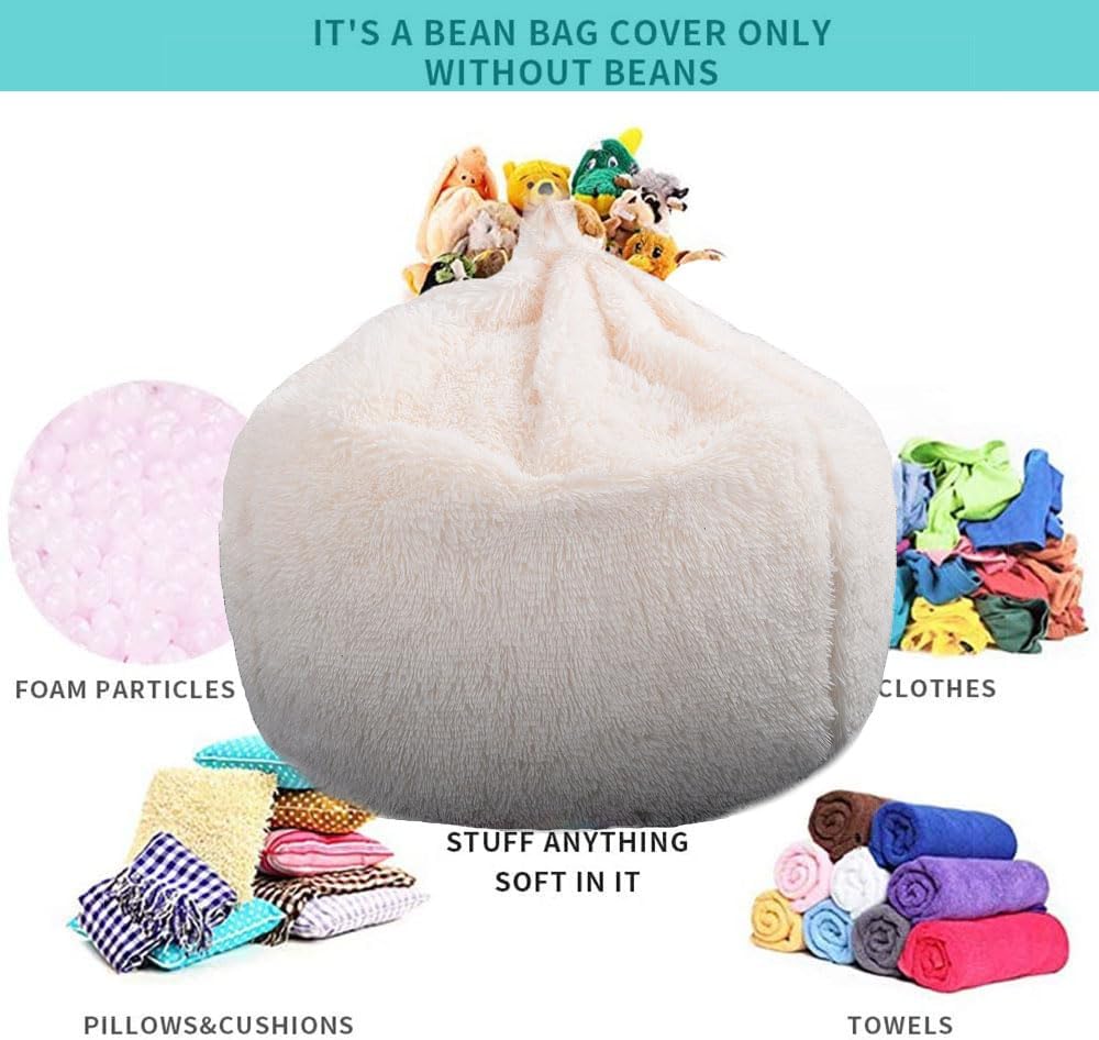 Fluffy Stuffed Animal Storage Bean Bag Chair Cover (No Filler), Faux Fur Comfy Bean Bag Cover for Organizing Plush Toys or Textile, for Adults Teens Kids Girls,Dusty Pink