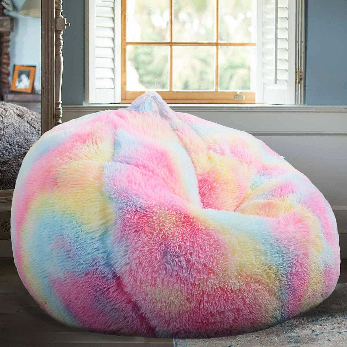 Fluffy Stuffed Animal Storage Bean Bag Chair Cover (No Filler), Faux Fur Comfy Bean Bag Cover for Organizing Plush Toys or Textile, for Adults Teens Kids Girls,Dusty Pink