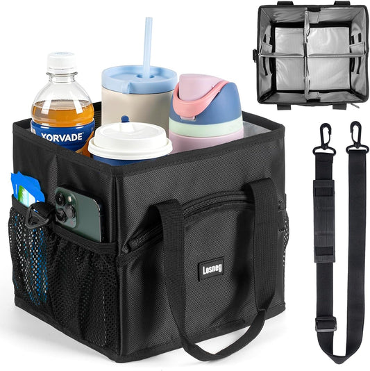 Reusable Drink Carrier Tote Bag for 4 Cups, Water Bottle Holder Caddy with Shoulder Strap & Handles, Foldable, Adjustable, Portable for Multi Beverage, Car, Travel, Family, Teachers - Black