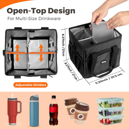 Reusable Drink Carrier Tote Bag for 4 Cups, Water Bottle Holder Caddy with Shoulder Strap & Handles, Foldable, Adjustable, Portable for Multi Beverage, Car, Travel, Family, Teachers - Black