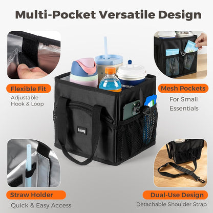 Reusable Drink Carrier Tote Bag for 4 Cups, Water Bottle Holder Caddy with Shoulder Strap & Handles, Foldable, Adjustable, Portable for Multi Beverage, Car, Travel, Family, Teachers - Black