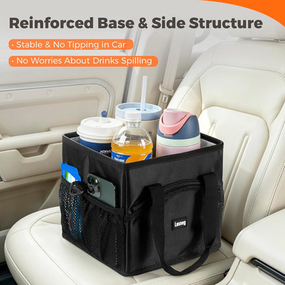 Reusable Drink Carrier Tote Bag for 4 Cups, Water Bottle Holder Caddy with Shoulder Strap & Handles, Foldable, Adjustable, Portable for Multi Beverage, Car, Travel, Family, Teachers - Black
