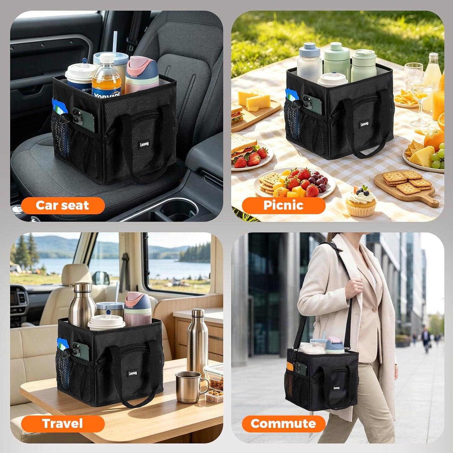 Reusable Drink Carrier Tote Bag for 4 Cups, Water Bottle Holder Caddy with Shoulder Strap & Handles, Foldable, Adjustable, Portable for Multi Beverage, Car, Travel, Family, Teachers - Black