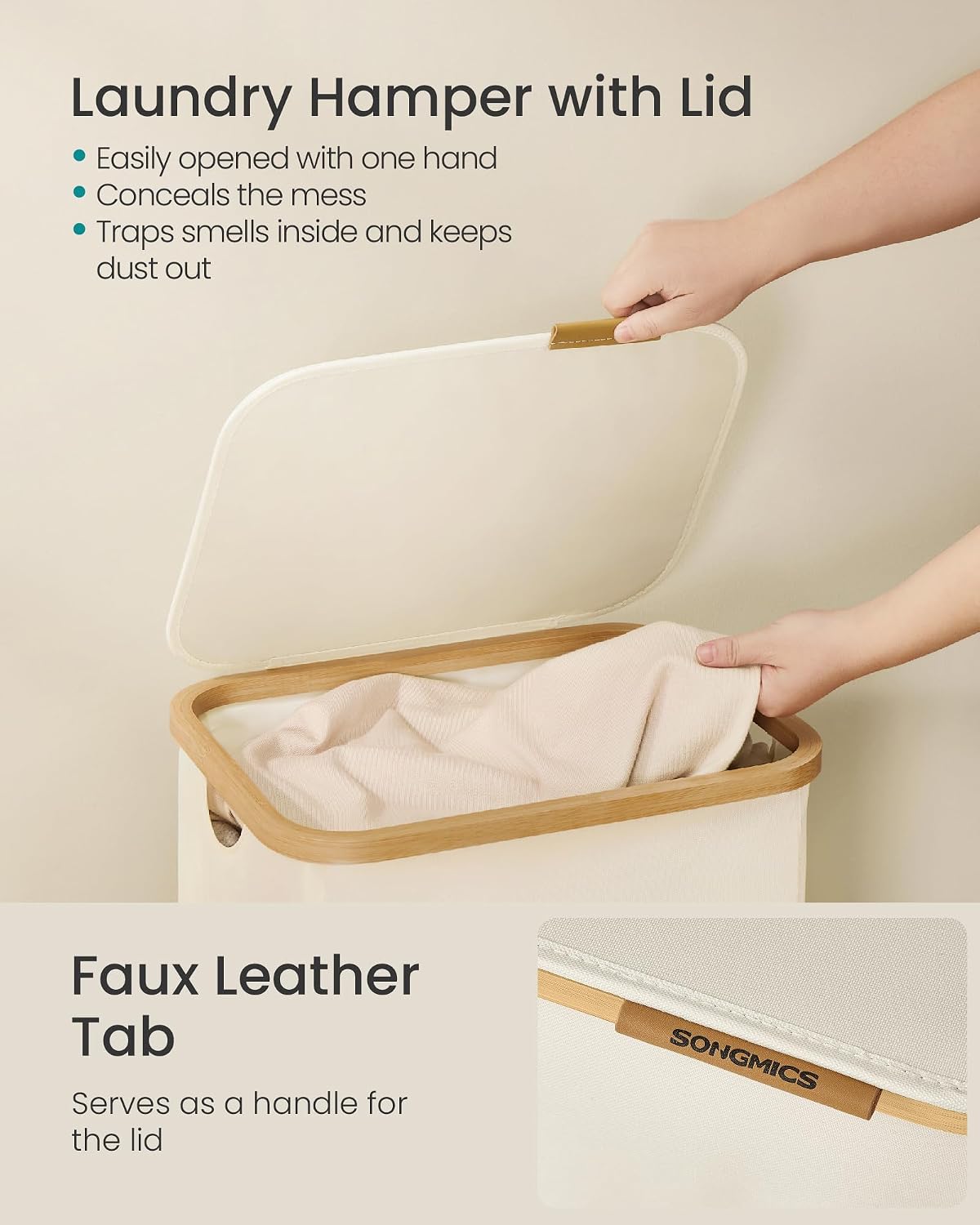 SONGMICS Laundry Hamper with Lid, 140L Laundry Basket, Bamboo Frame