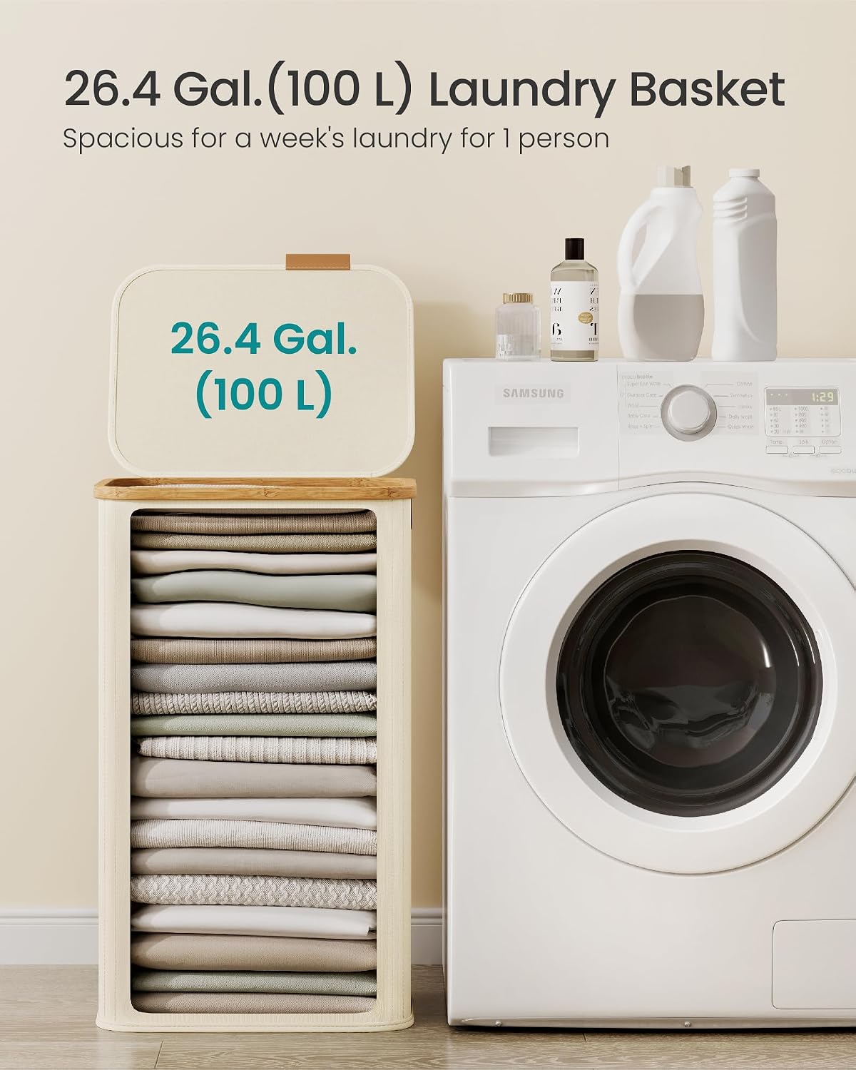 SONGMICS Laundry Hamper with Lid, 140L Laundry Basket, Bamboo Frame
