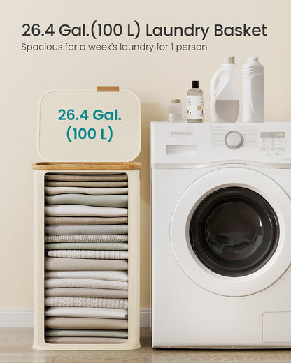 SONGMICS Laundry Hamper with Lid, 140L Laundry Basket, Bamboo Frame
