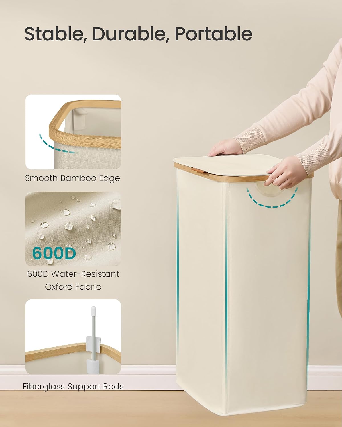 SONGMICS Laundry Hamper with Lid, 140L Laundry Basket, Bamboo Frame