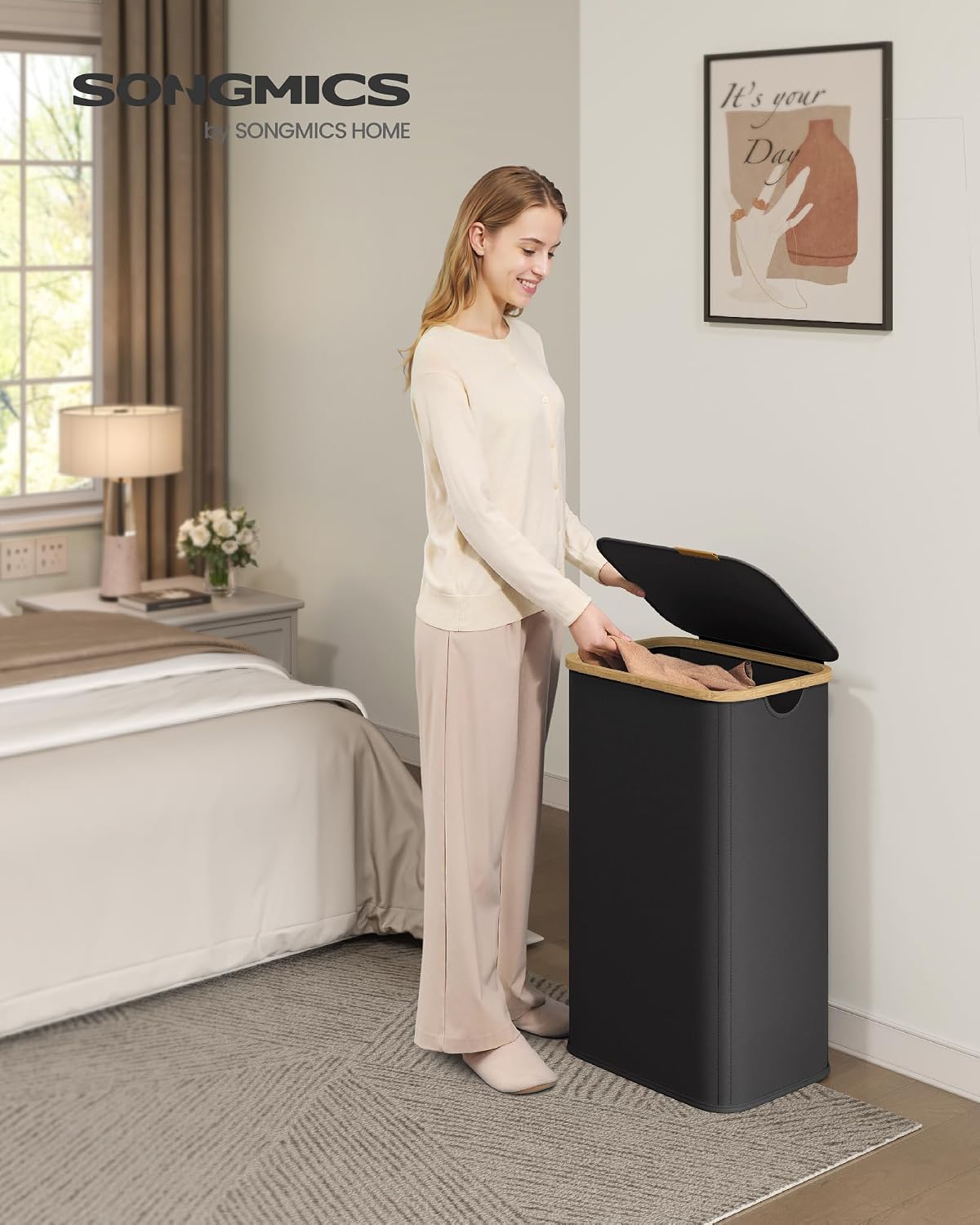 SONGMICS Laundry Hamper with Lid, 140L Laundry Basket, Bamboo Frame