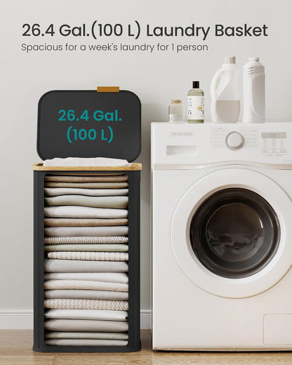 SONGMICS Laundry Hamper with Lid, 140L Laundry Basket, Bamboo Frame