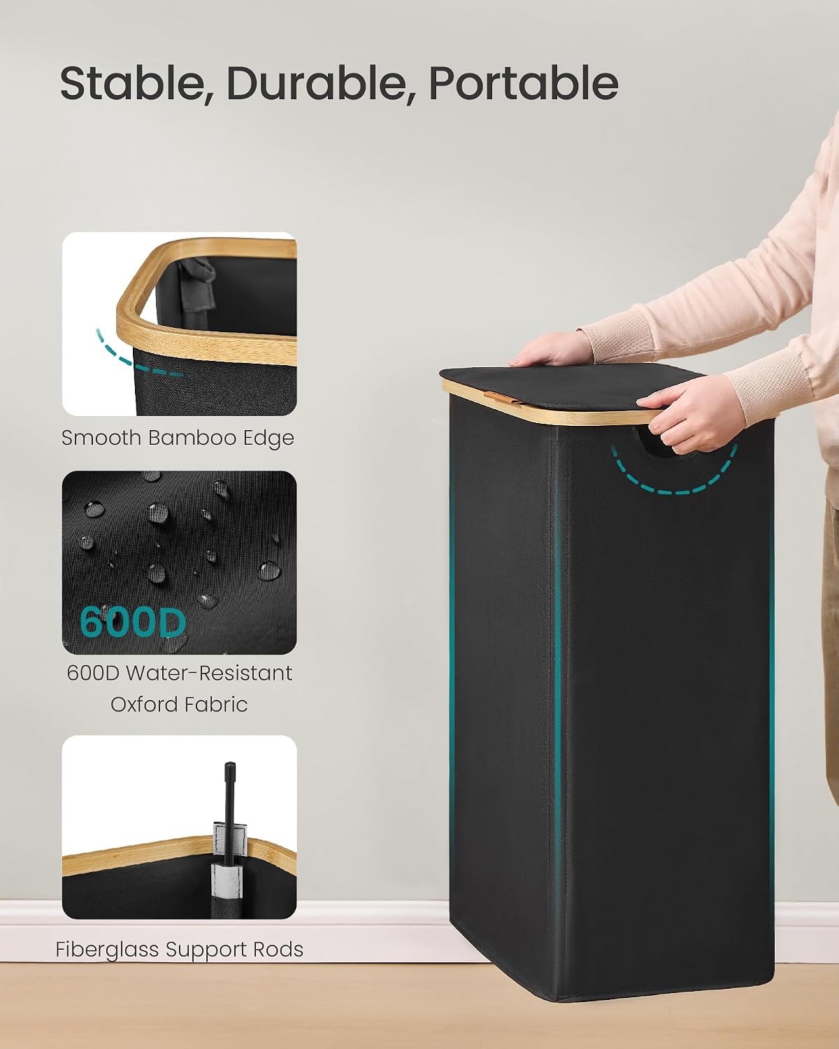 SONGMICS Laundry Hamper with Lid, 140L Laundry Basket, Bamboo Frame