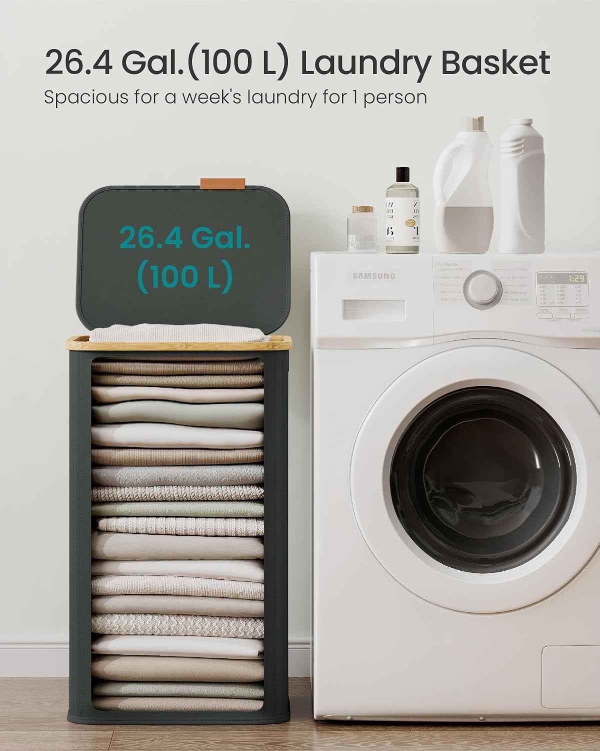 SONGMICS Laundry Hamper with Lid, 140L Laundry Basket, Bamboo Frame