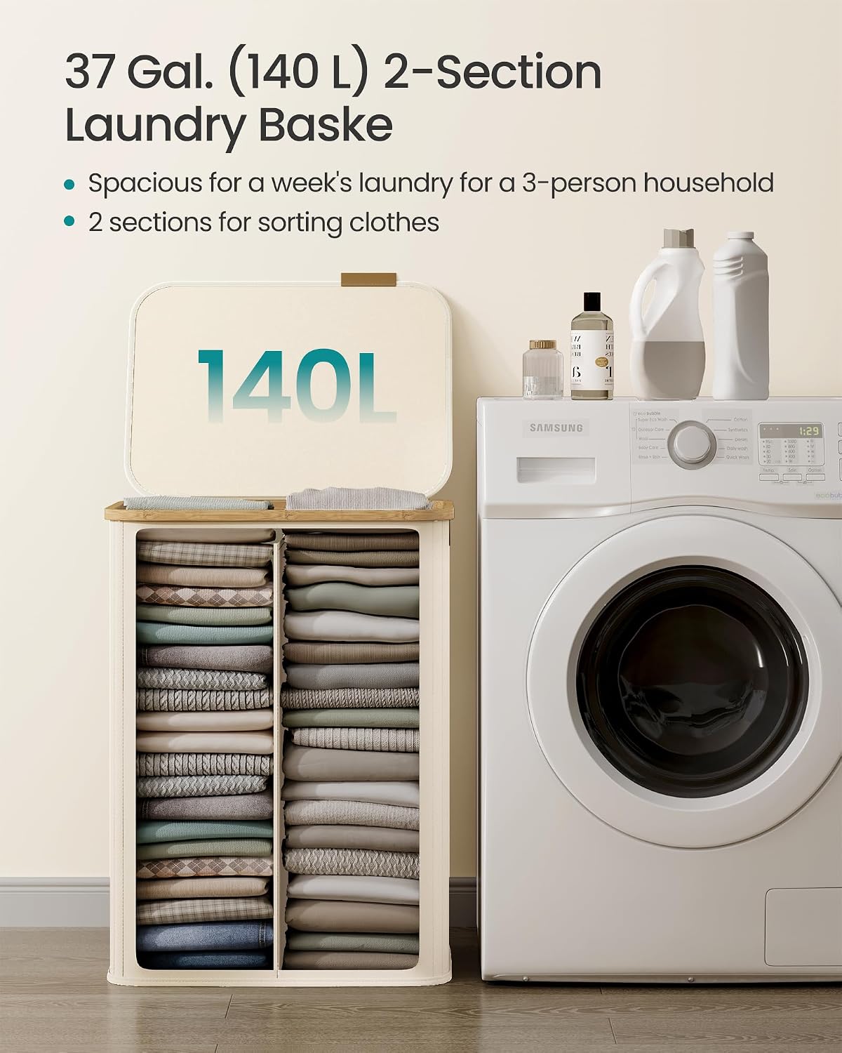 SONGMICS Laundry Hamper with Lid, 140L Laundry Basket, Bamboo Frame