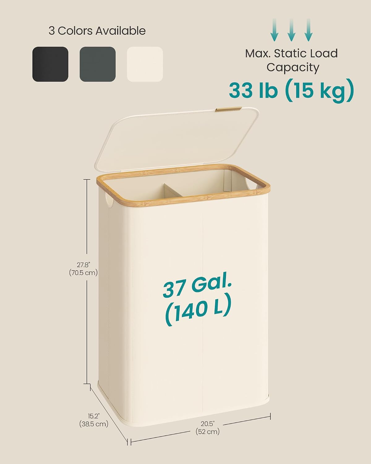 SONGMICS Laundry Hamper with Lid, 140L Laundry Basket, Bamboo Frame